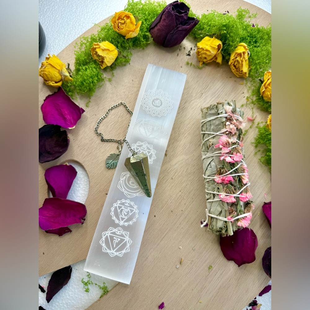 Chakra Selenite Wand with Pendulum and Sage Bundle